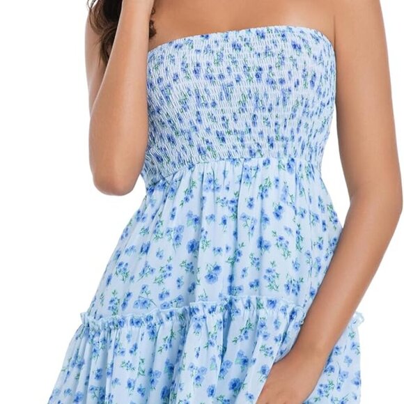 Women Summer Strapless Boho Mini Dress Polyester Beach Occasion Flowy - Picture 6 of 7